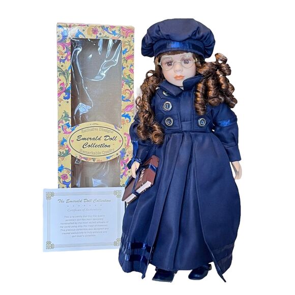 NEW Emerald Collection PORCELAIN DOLL + Stand Diary Glasses Brown Eyes Hair BOX!